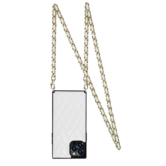 For iPhone 12 / 12 Pro Elegant Rhombic Pattern Microfiber Leather +TPU Shockproof Case with Crossbody Strap Chain(White) - iPhone 12 / 12 Pro Cases by buy2fix | Online Shopping UK | buy2fix
