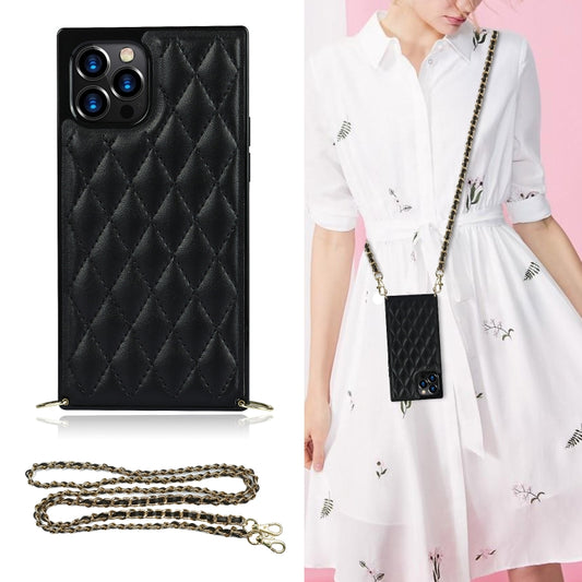 For iPhone 12 / 12 Pro Elegant Rhombic Pattern Microfiber Leather +TPU Shockproof Case with Crossbody Strap Chain(Black) - iPhone 12 / 12 Pro Cases by buy2fix | Online Shopping UK | buy2fix