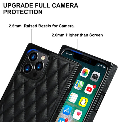 For iPhone 12 / 12 Pro Elegant Rhombic Pattern Microfiber Leather +TPU Shockproof Case with Crossbody Strap Chain(Black) - iPhone 12 / 12 Pro Cases by buy2fix | Online Shopping UK | buy2fix