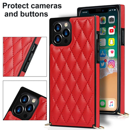 For iPhone 12 / 12 Pro Elegant Rhombic Pattern Microfiber Leather +TPU Shockproof Case with Crossbody Strap Chain(Red) - iPhone 12 / 12 Pro Cases by buy2fix | Online Shopping UK | buy2fix