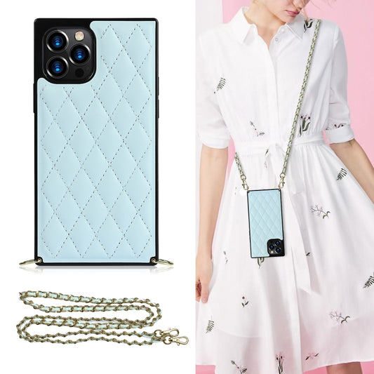 For iPhone 12 / 12 Pro Elegant Rhombic Pattern Microfiber Leather +TPU Shockproof Case with Crossbody Strap Chain(Blue) - iPhone 12 / 12 Pro Cases by buy2fix | Online Shopping UK | buy2fix