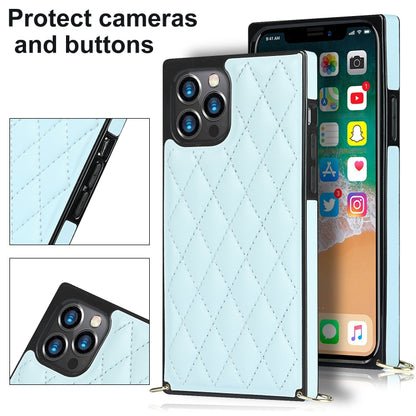 For iPhone 12 / 12 Pro Elegant Rhombic Pattern Microfiber Leather +TPU Shockproof Case with Crossbody Strap Chain(Blue) - iPhone 12 / 12 Pro Cases by buy2fix | Online Shopping UK | buy2fix