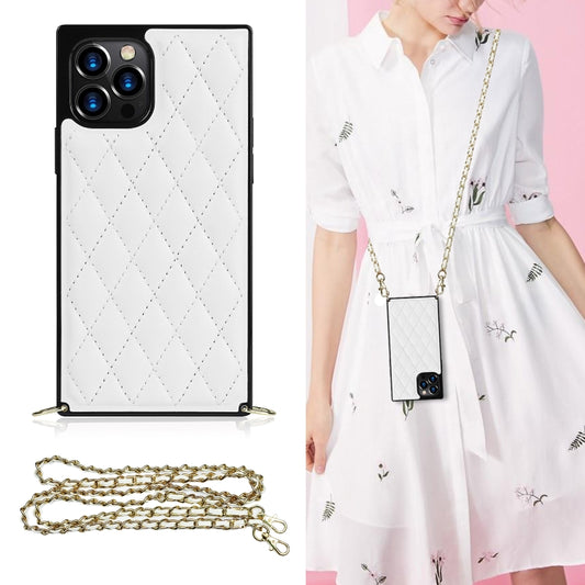 For iPhone 12 Pro Max Elegant Rhombic Pattern Microfiber Leather +TPU Shockproof Case with Crossbody Strap Chain(White) - iPhone 12 Pro Max Cases by buy2fix | Online Shopping UK | buy2fix