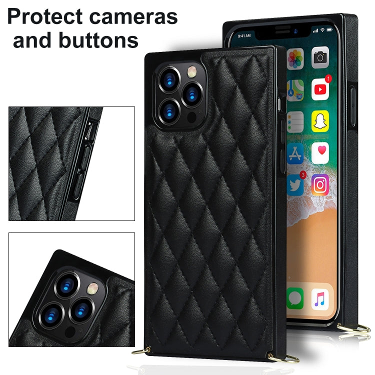 For iPhone 12 Pro Max Elegant Rhombic Pattern Microfiber Leather +TPU Shockproof Case with Crossbody Strap Chain(Black) - iPhone 12 Pro Max Cases by buy2fix | Online Shopping UK | buy2fix
