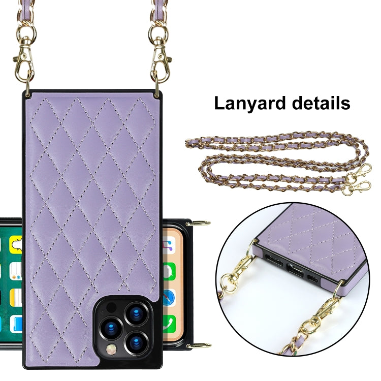 For iPhone 12 Pro Max Elegant Rhombic Pattern Microfiber Leather +TPU Shockproof Case with Crossbody Strap Chain(Purple) - iPhone 12 Pro Max Cases by buy2fix | Online Shopping UK | buy2fix