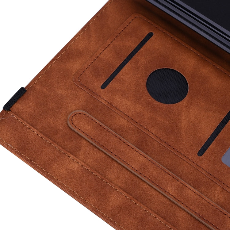 For iPad 10.2 2021 / 2020 / 2019 Calf Pattern Double Folding Design Embossed Leather Case with Holder & Card Slots & Pen Slot & Elastic Band(Brown) - iPad 10.2 Cases by buy2fix | Online Shopping UK | buy2fix