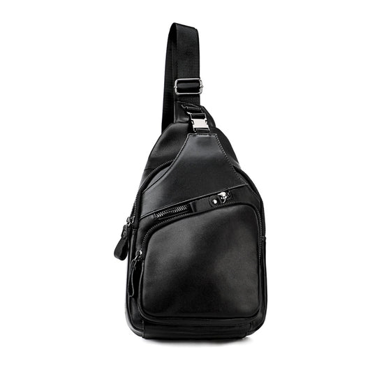 Men Leather Chest Bag Retro Shoulder Bag(Black)