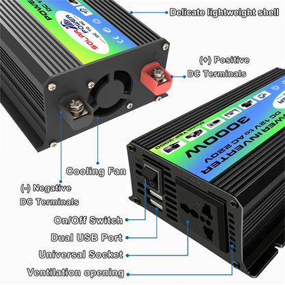 Tang I Generation 12V to 110V 3000W Modified Square Wave Intelligent Car Power Inverter with Dual USB(Black) - Modified Square Wave by buy2fix | Online Shopping UK | buy2fix