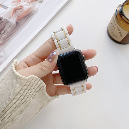 Five Beads Ceramic Steel Watch Band For Apple Watch Series 9&8&7 41mm / SE 3&SE 2&6&SE&5&4 40mm / 3&2&1 38mm(White + Gold) by buy2fix