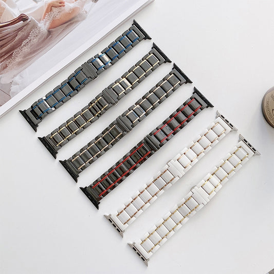 Five Beads Ceramic Steel Watch Band For Apple Watch Series 9&8&7 41mm / SE 3&SE 2&6&SE&5&4 40mm / 3&2&1 38mm(White + Rose Gold) by buy2fix