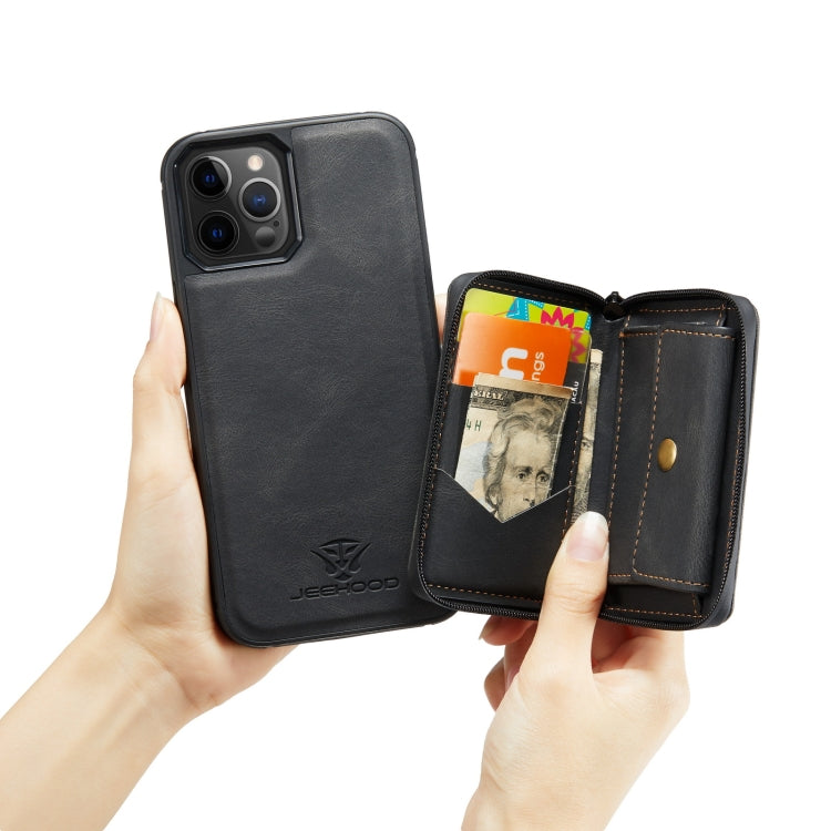 For iPhone 12 / 12 Pro JEEHOOD Magnetic Zipper Horizontal Flip Leather Case with Holder & Card Slot & Wallet(Black) - iPhone 12 / 12 Pro Cases by JEEHOOD | Online Shopping UK | buy2fix
