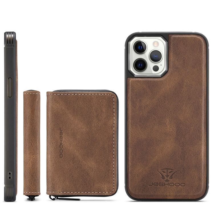 For iPhone 12 / 12 Pro JEEHOOD Magnetic Zipper Horizontal Flip Leather Case with Holder & Card Slot & Wallet(Brown) - iPhone 12 / 12 Pro Cases by JEEHOOD | Online Shopping UK | buy2fix