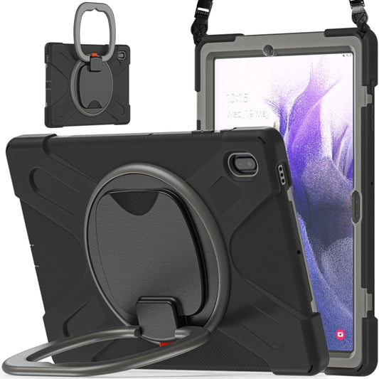 For Samsung Galaxy Tab S7 FE T730 Silicone + PC Protective Case with Holder & Shoulder Strap(Black+Grey) by buy2fix