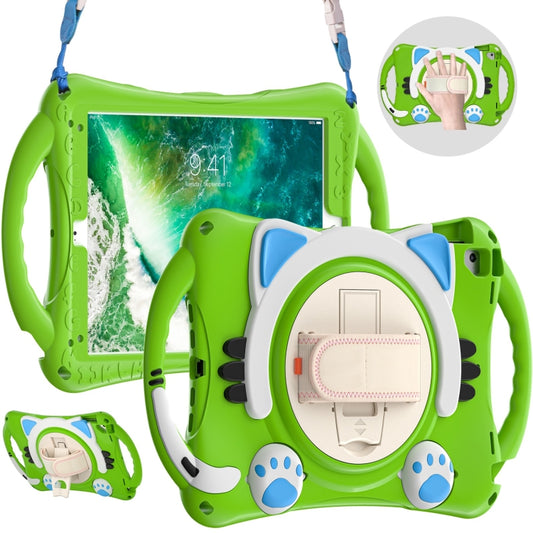Cute Cat King Kids Shockproof Silicone Tablet Case with Holder & Shoulder Strap & Handle For iPad 9.7 2018 / 2017 / Air / Air 2 / Pro 9.7(Green) - iPad 9.7 (2018) & (2017) Cases by buy2fix | Online Shopping UK | buy2fix