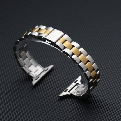 Three-beads Steel Watch Band For Apple Watch Series 9&8&7 41mm / SE 3&SE 2&6&SE&5&4 40mm / 3&2&1 38mm (Gold + Gold) by buy2fix
