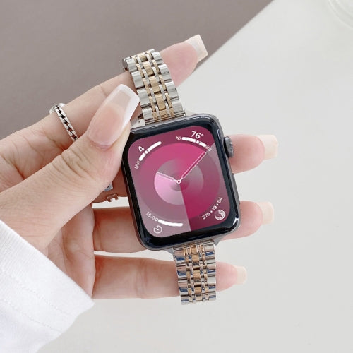 Seven-beads Steel Watch Band For Apple Watch Series 9&8&7 41mm / SE 3&SE 2&6&SE&5&4 40mm / 3&2&1 38mm(Silver Rose Gold) by buy2fix