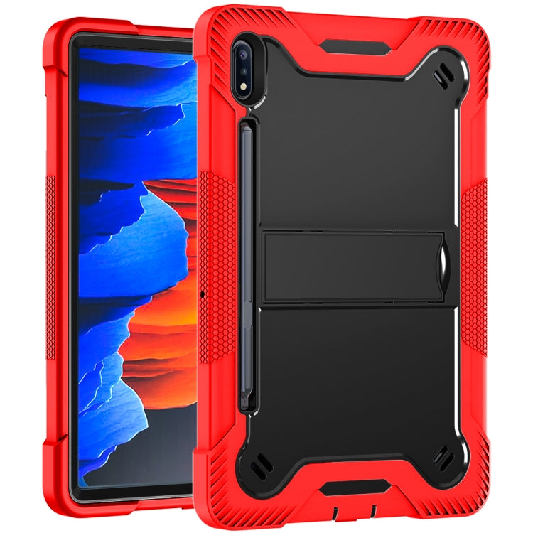 For Samsung Galaxy Tab S8 / Galaxy Tab S7 Silicone + PC Shockproof Protective Case with Holder(Red + Black) by buy2fix