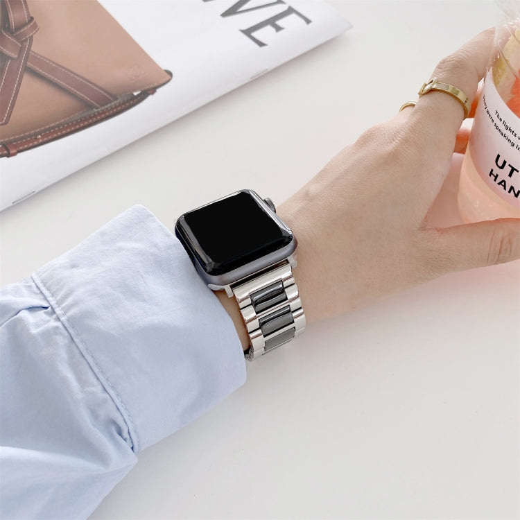 22mm Width Three Beads Ceramics Steel Watch Band For Apple Watch Series 9&8&7 41mm / SE 3&SE 2&6&SE&5&4 40mm / 3&2&1 38mm(Rose Gold+Black) by buy2fix