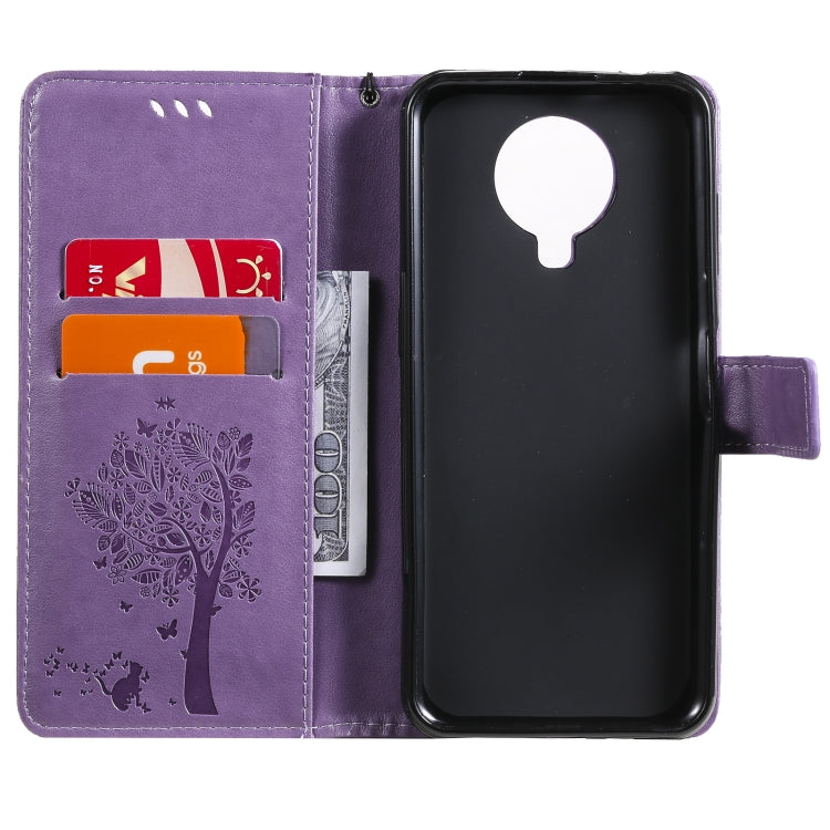 For Nokia G20 Tree & Cat Pattern Pressed Printing Horizontal Flip PU Leather Case with Holder & Card Slots & Wallet & Lanyard(Purple) by buy2fix