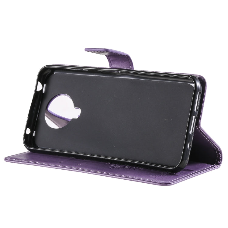 For Nokia G20 Tree & Cat Pattern Pressed Printing Horizontal Flip PU Leather Case with Holder & Card Slots & Wallet & Lanyard(Lavender) by buy2fix