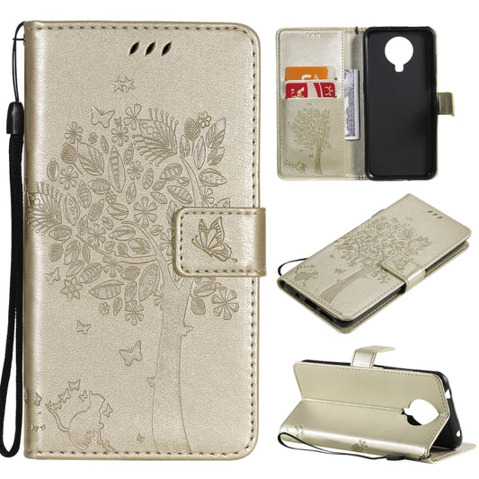 For Nokia G10 Tree & Cat Pattern Pressed Printing Horizontal Flip PU Leather Case with Holder & Card Slots & Wallet & Lanyard(Gold) by buy2fix
