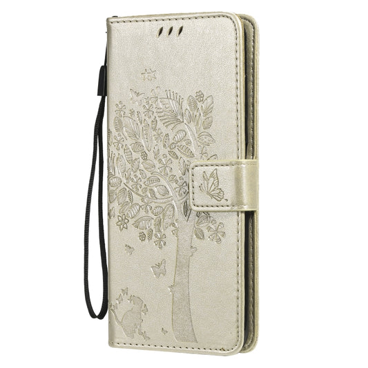 For Nokia G10 Tree & Cat Pattern Pressed Printing Horizontal Flip PU Leather Case with Holder & Card Slots & Wallet & Lanyard(Gold) by buy2fix