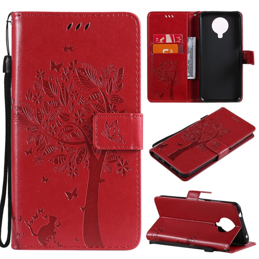 For Nokia G10 Tree & Cat Pattern Pressed Printing Horizontal Flip PU Leather Case with Holder & Card Slots & Wallet & Lanyard(Red) by buy2fix