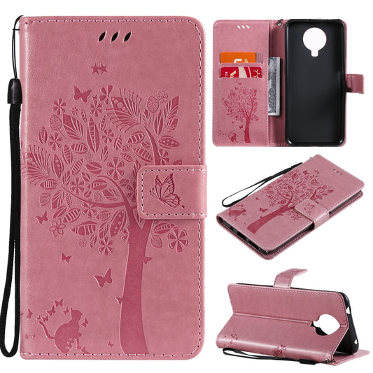 For Nokia G10 Tree & Cat Pattern Pressed Printing Horizontal Flip PU Leather Case with Holder & Card Slots & Wallet & Lanyard(Pink) by buy2fix