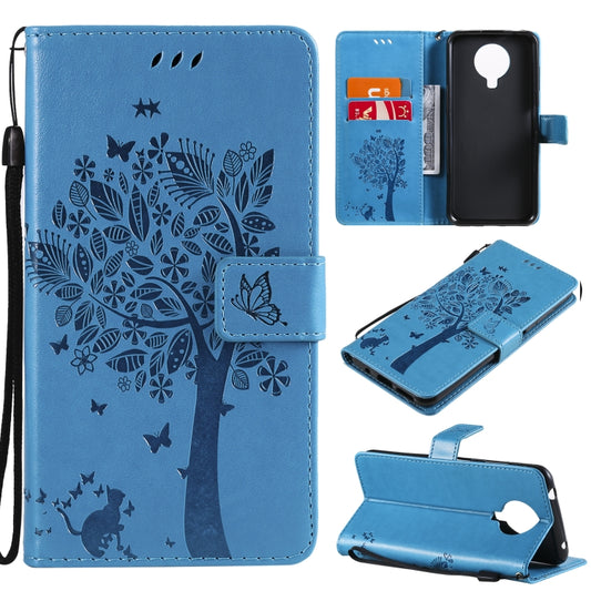 For Nokia G10 Tree & Cat Pattern Pressed Printing Horizontal Flip PU Leather Case with Holder & Card Slots & Wallet & Lanyard(Blue) by buy2fix