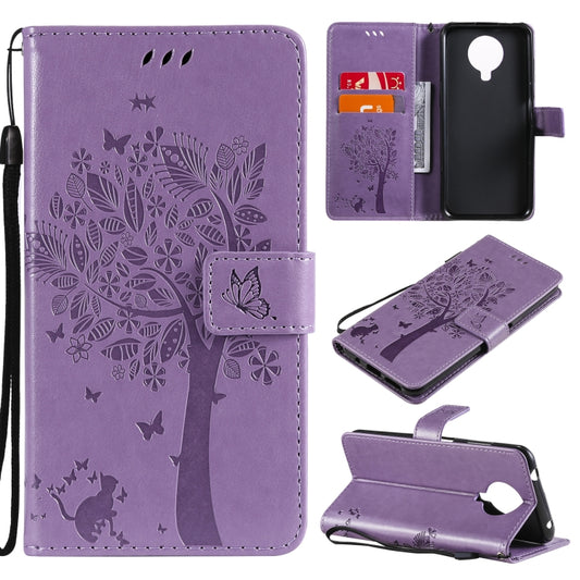 For Nokia G10 Tree & Cat Pattern Pressed Printing Horizontal Flip PU Leather Case with Holder & Card Slots & Wallet & Lanyard(Lavender) by buy2fix
