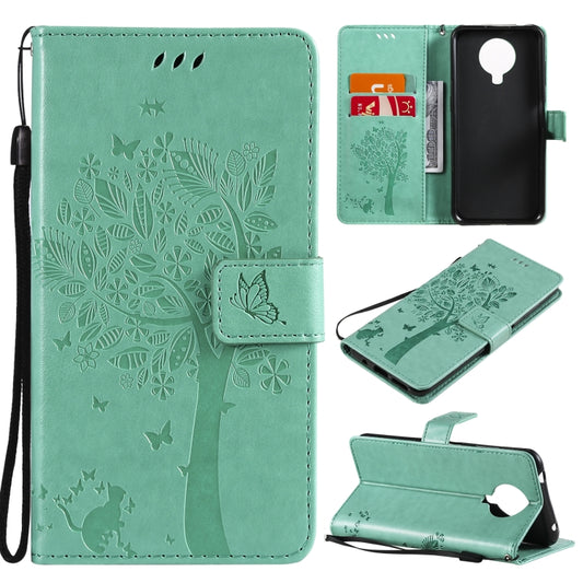 For Nokia G10 Tree & Cat Pattern Pressed Printing Horizontal Flip PU Leather Case with Holder & Card Slots & Wallet & Lanyard(Green) by buy2fix
