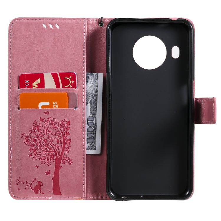 For Nokia X20 Tree & Cat Pattern Pressed Printing Horizontal Flip PU Leather Case with Holder & Card Slots & Wallet & Lanyard(Pink) by buy2fix