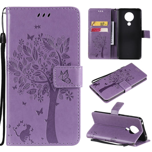 For Nokia 5.3 Tree & Cat Pattern Pressed Printing Horizontal Flip PU Leather Case with Holder & Card Slots & Wallet & Lanyard(Lavender) by buy2fix