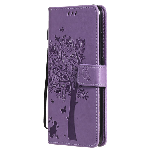 For Nokia 5.3 Tree & Cat Pattern Pressed Printing Horizontal Flip PU Leather Case with Holder & Card Slots & Wallet & Lanyard(Lavender) by buy2fix