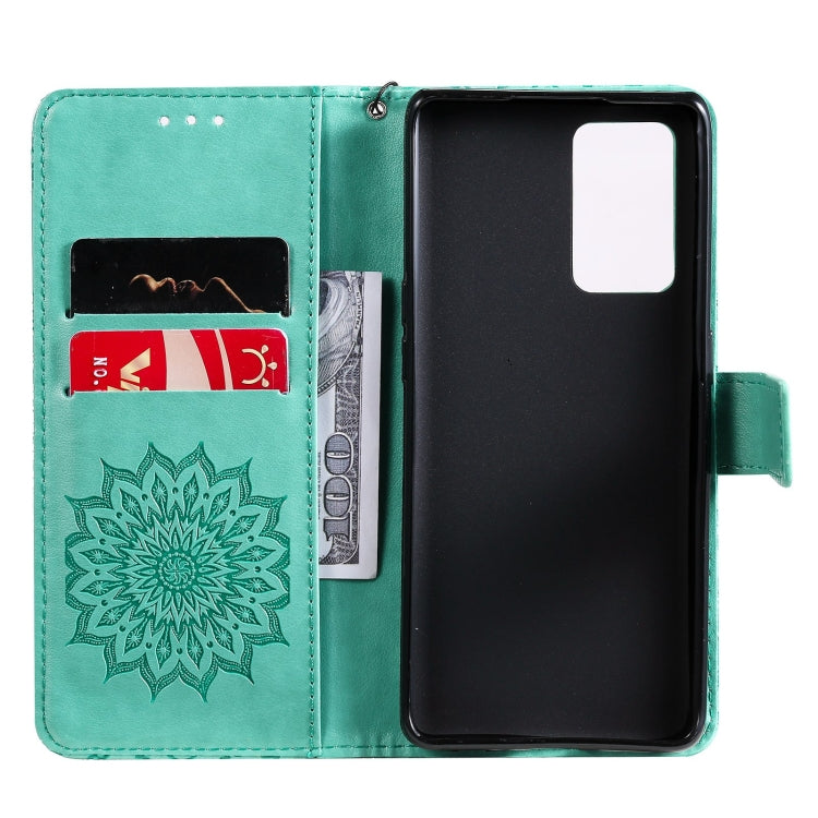 For OPPO Reno6 Pro 5G Sun Embossing Pattern Horizontal Flip Leather Case with Card Slot & Holder & Wallet & Lanyard(Green) by buy2fix