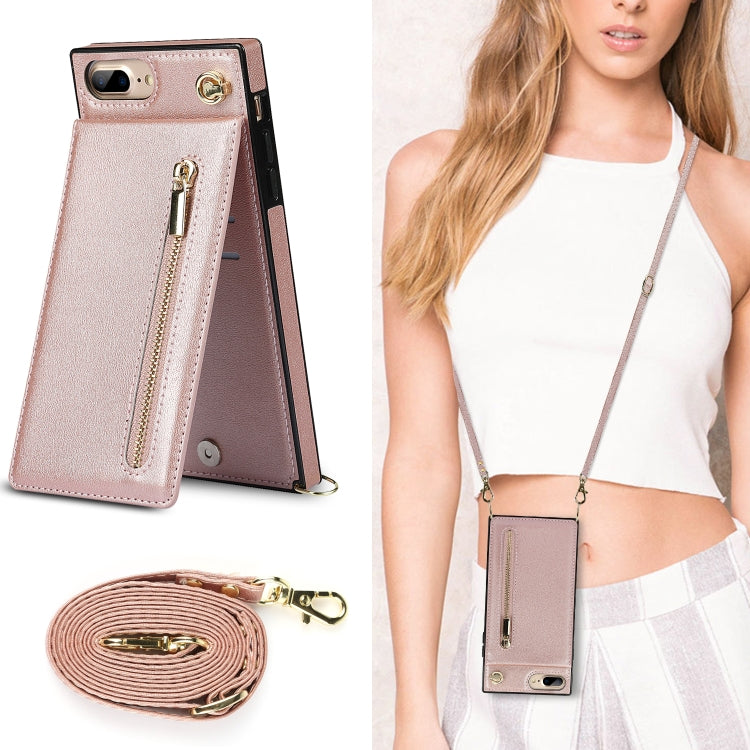 Cross-body Zipper Square TPU+PU Back Cover Case with Holder & Card Slots & Wallet & Strap For iPhone 8 Plus / 7 Plus(Rose Gold) by buy2fix