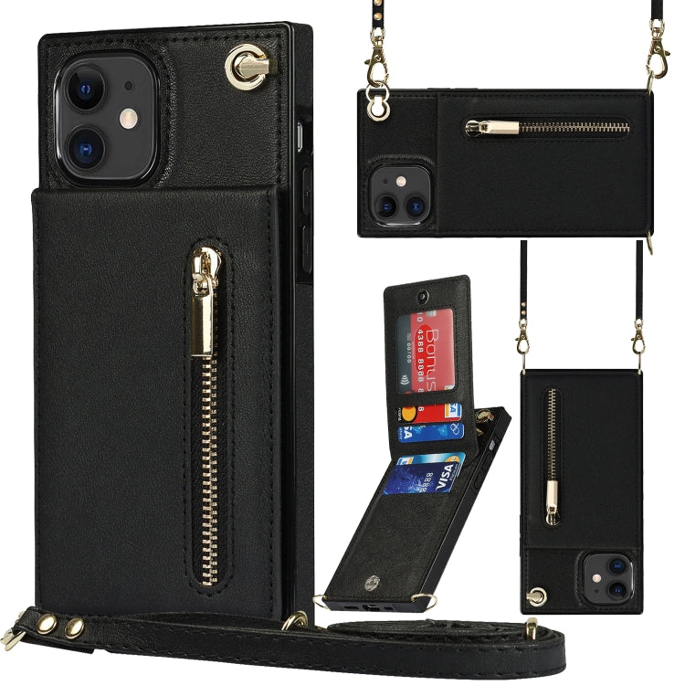 For iPhone 11 Cross-body Zipper Square TPU+PU Back Cover Case with Holder & Card Slots & Wallet & Strap (Black) by buy2fix