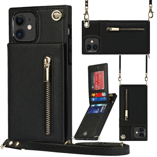 For iPhone 11 Cross-body Zipper Square TPU+PU Back Cover Case with Holder & Card Slots & Wallet & Strap (Black) by buy2fix
