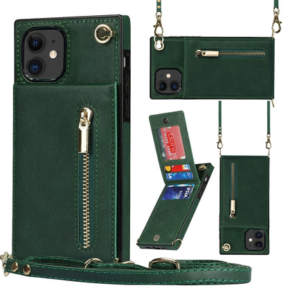 For iPhone 11 Cross-body Zipper Square TPU+PU Back Cover Case with Holder & Card Slots & Wallet & Strap (Green) by buy2fix