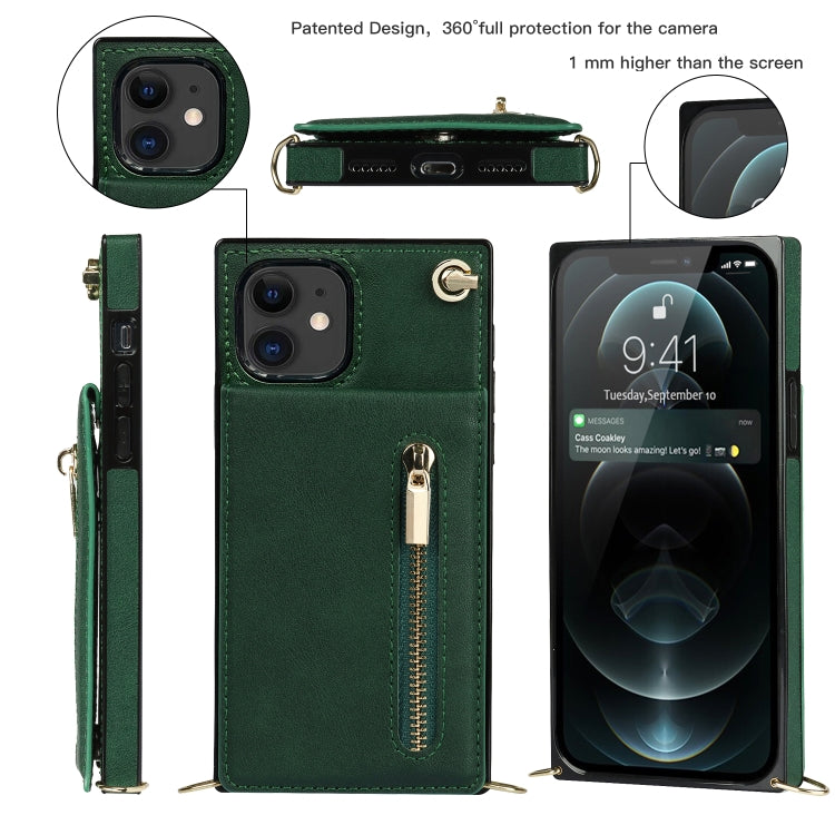 For iPhone 11 Cross-body Zipper Square TPU+PU Back Cover Case with Holder & Card Slots & Wallet & Strap (Green) by buy2fix