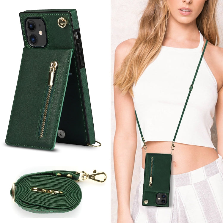 For iPhone 11 Cross-body Zipper Square TPU+PU Back Cover Case with Holder & Card Slots & Wallet & Strap (Green) by buy2fix