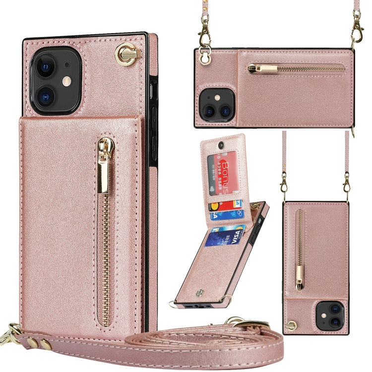 For iPhone 11 Cross-body Zipper Square TPU+PU Back Cover Case with Holder & Card Slots & Wallet & Strap (Rose Gold) by buy2fix