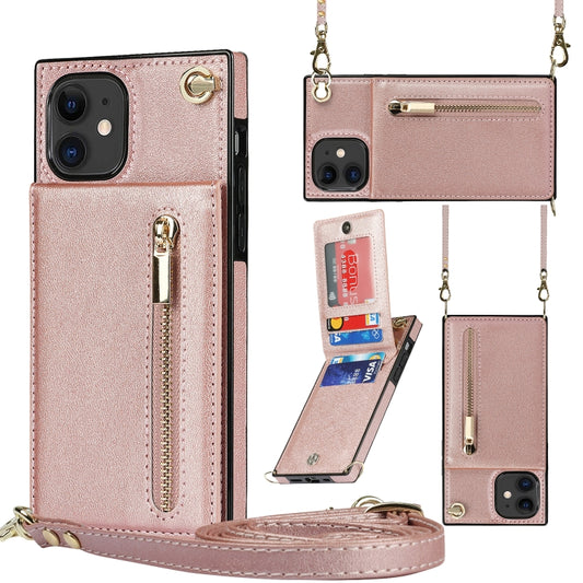 For iPhone 11 Cross-body Zipper Square TPU+PU Back Cover Case with Holder & Card Slots & Wallet & Strap (Rose Gold) by buy2fix