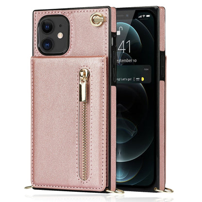 For iPhone 11 Cross-body Zipper Square TPU+PU Back Cover Case with Holder & Card Slots & Wallet & Strap (Rose Gold) by buy2fix