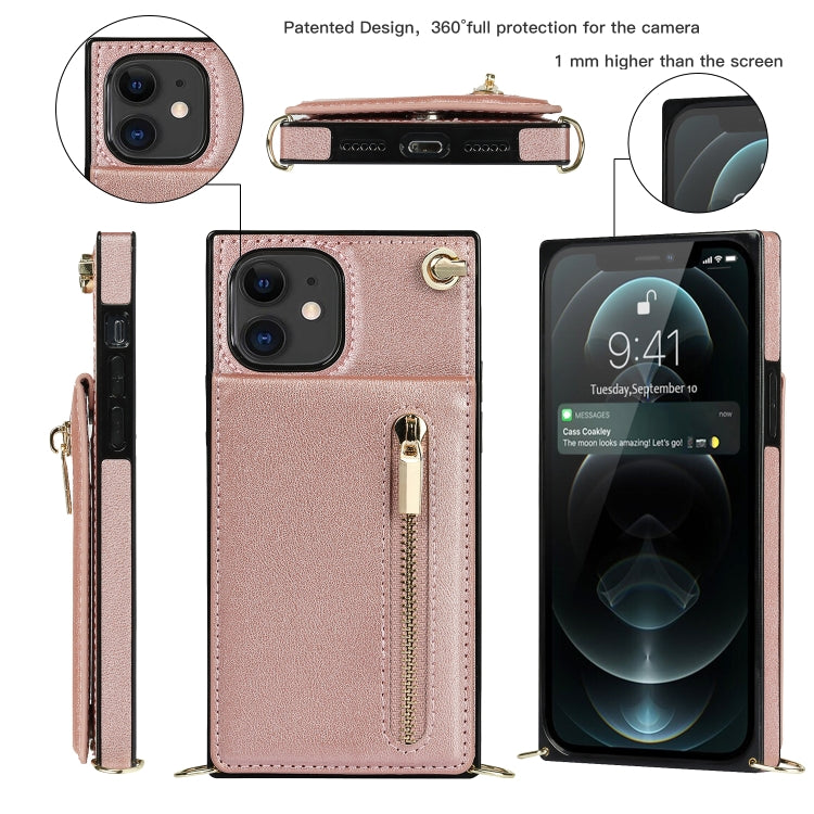 For iPhone 11 Cross-body Zipper Square TPU+PU Back Cover Case with Holder & Card Slots & Wallet & Strap (Rose Gold) by buy2fix