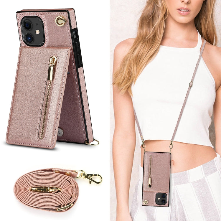For iPhone 11 Cross-body Zipper Square TPU+PU Back Cover Case with Holder & Card Slots & Wallet & Strap (Rose Gold) by buy2fix