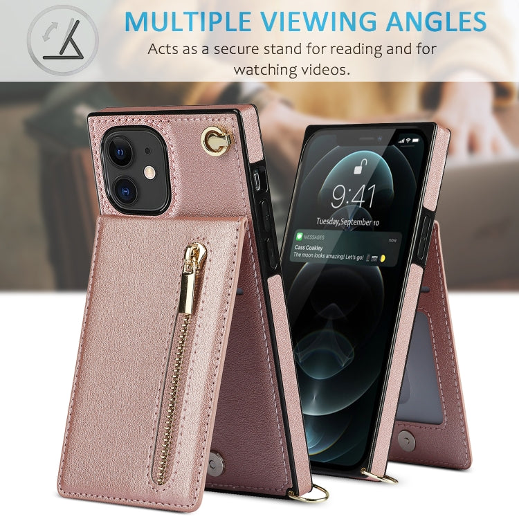 For iPhone 11 Cross-body Zipper Square TPU+PU Back Cover Case with Holder & Card Slots & Wallet & Strap (Rose Gold) by buy2fix