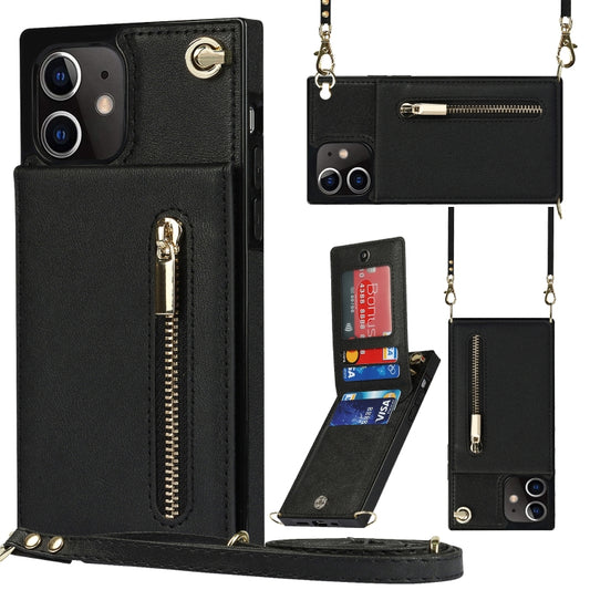 For iPhone 12 mini Cross-body Zipper Square TPU+PU Back Cover Case with Holder & Card Slots & Wallet & Strap (Black) by buy2fix