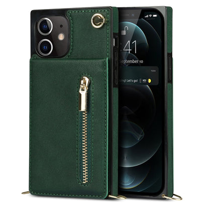 For iPhone 12 / 12 Pro Cross-body Zipper Square TPU+PU Back Cover Case with Holder & Card Slots & Wallet & Strap(Green) by buy2fix