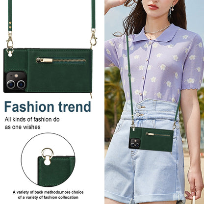 For iPhone 12 / 12 Pro Cross-body Zipper Square TPU+PU Back Cover Case with Holder & Card Slots & Wallet & Strap(Green) by buy2fix